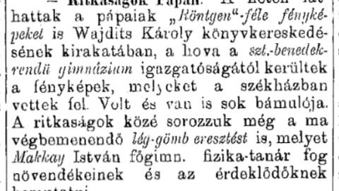 Cikk a Pápai Lapok 1896.03.15-i lapszámából